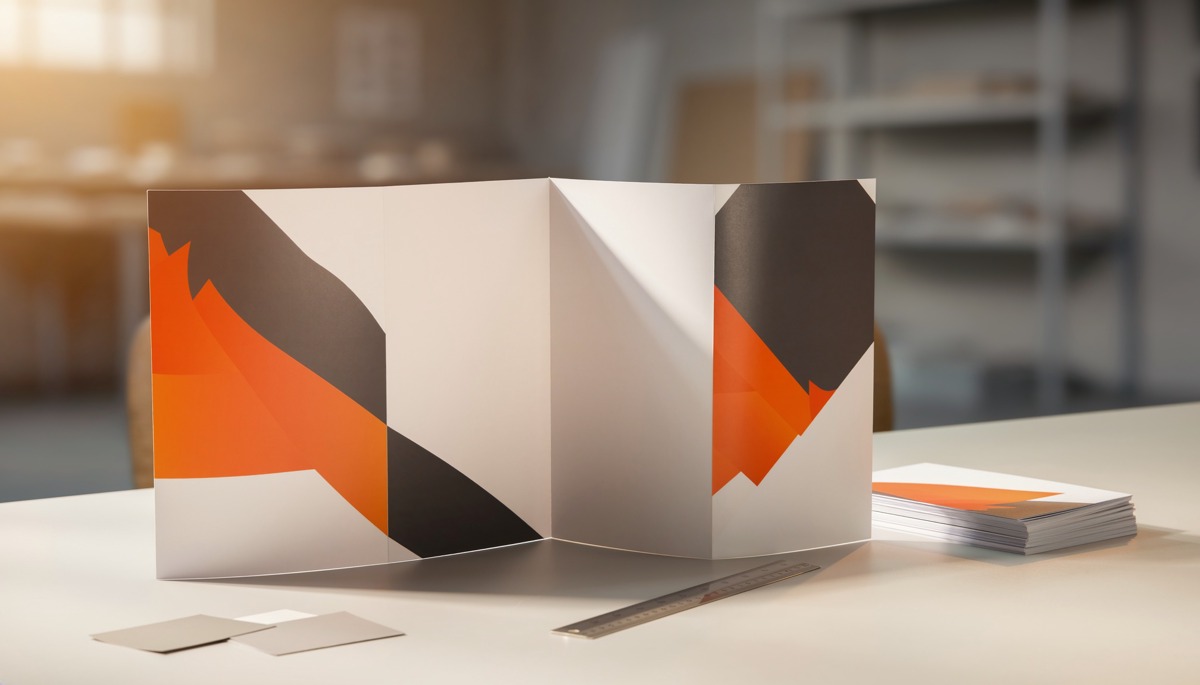 Dépliant imprimé à trois volets partiellement ouvert, aux motifs orange et anthracite, posé sur une table de préparation.