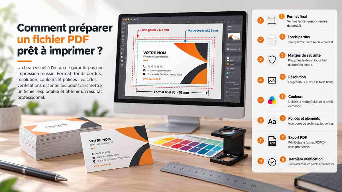 Infographie expliquant les étapes de préparation d'un PDF pour l'impression : fonds perdus, marges, résolution et couleurs.