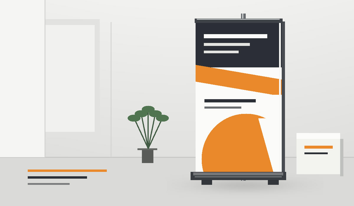 Roll-up publicitaire dans un espace d'exposition, avec composition graphique orange, anthracite et blanche.